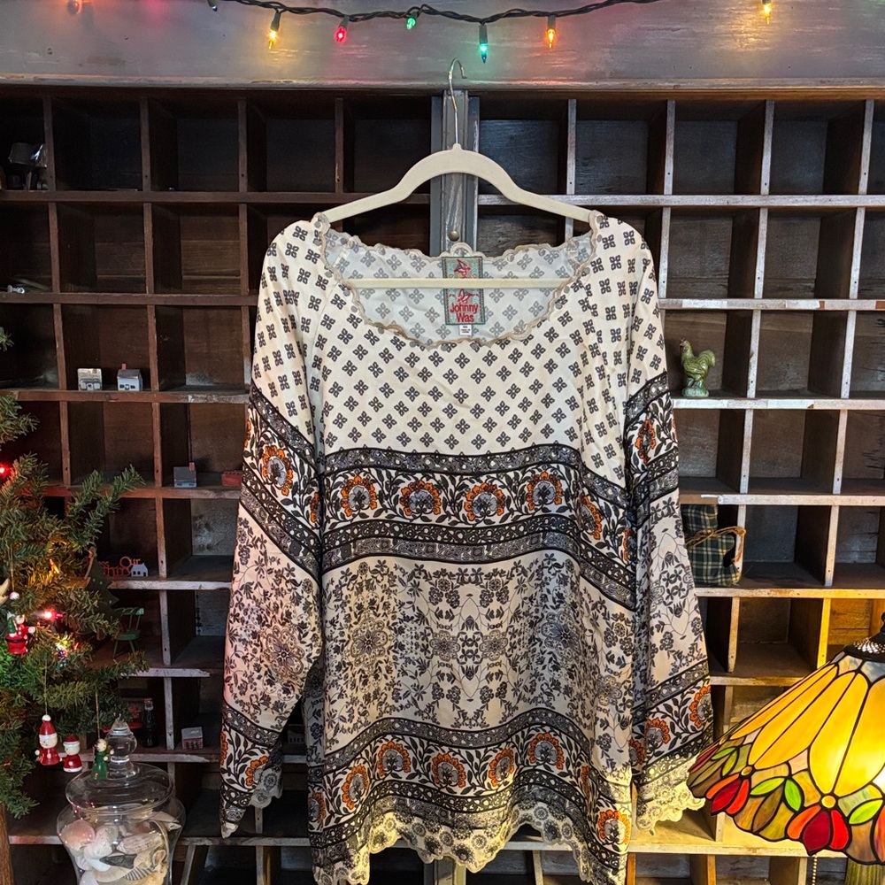 Johnny Was Silk Black and White Patterned Blouse